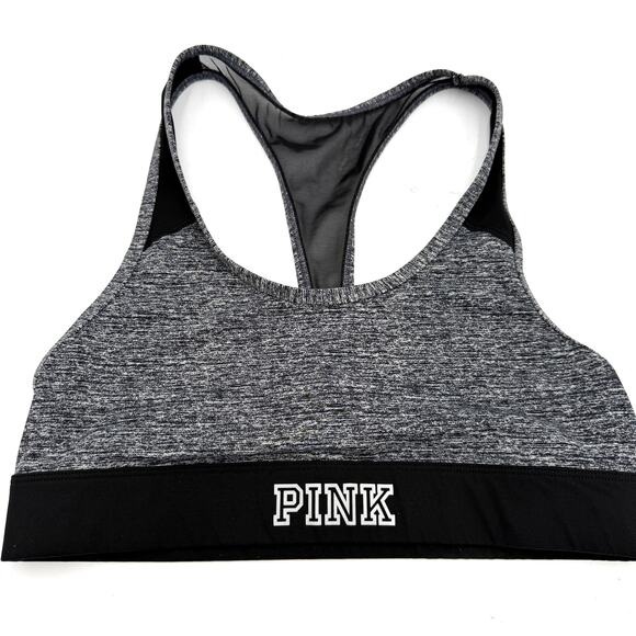 Victoria's Secret Pink Ultimate Unlined Grey Black Halter Sports Bra Size Medium - Picture 1 of 5